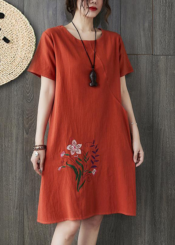 Floral Embroidery Round Neck Short Sleeve Shift Knee Dress