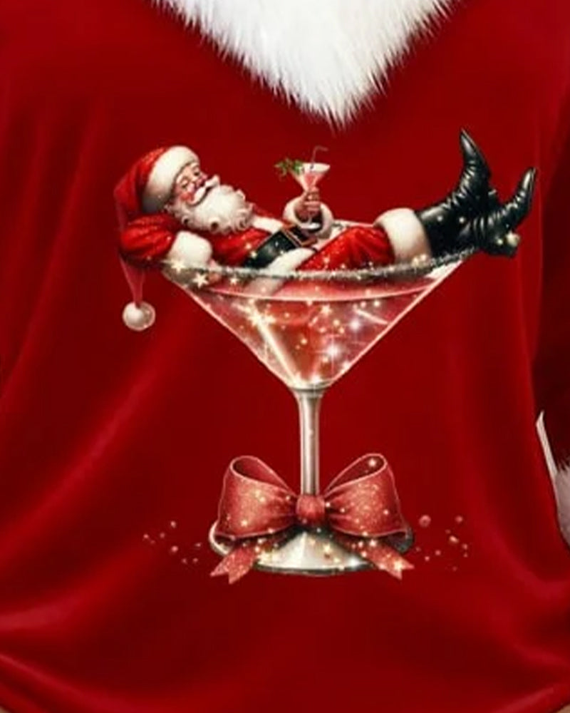 Faux Fur Trim V-Neck Santa Print Long Sleeve Holiday Top 7