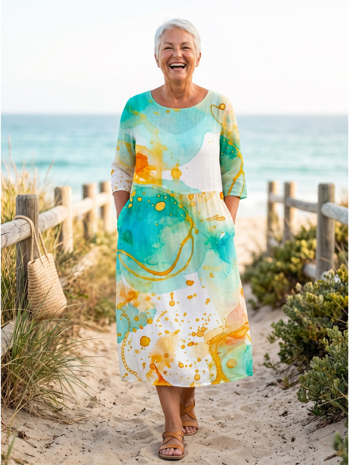 Round Neck Long Sleeve Rose Floral Print Pocket Midi Dress 2