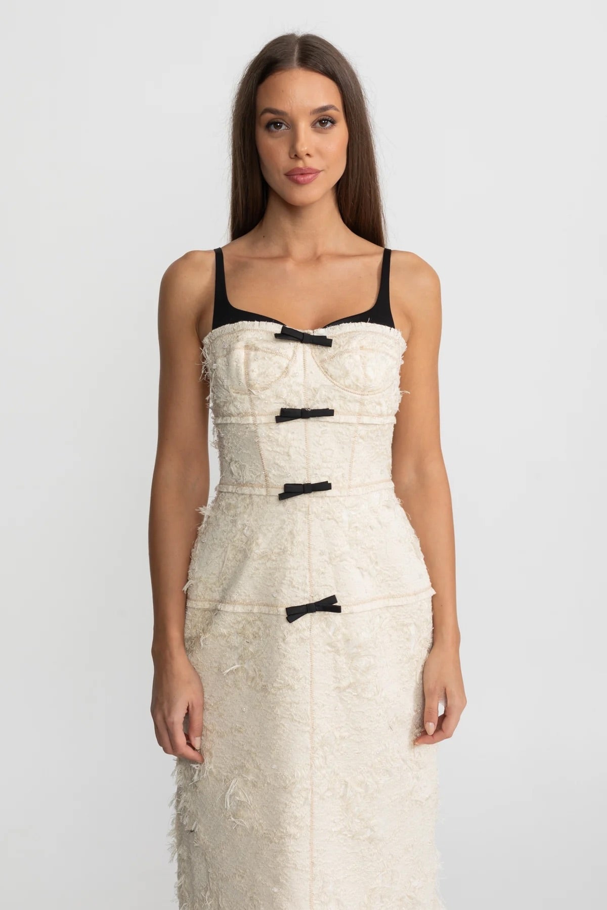 Tweed Sweetheart Layered Inner Bodice Beaded Strap Bow Midi Dress - View 3