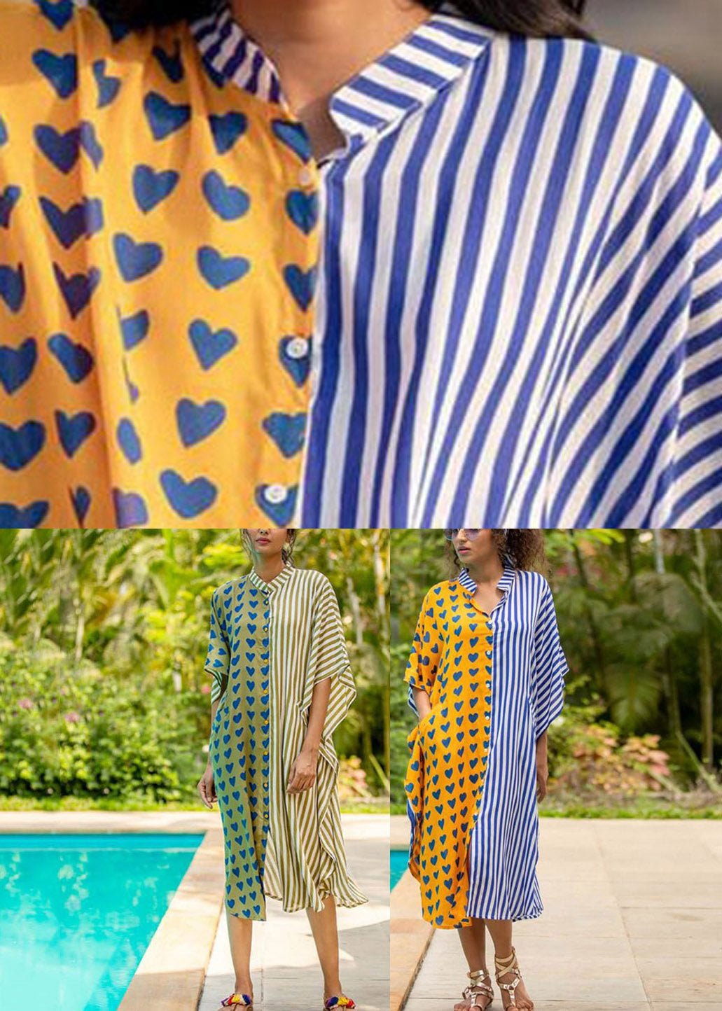 Split Print Button Down Kaftan Sleeve Midi Shirt Dress - View 5