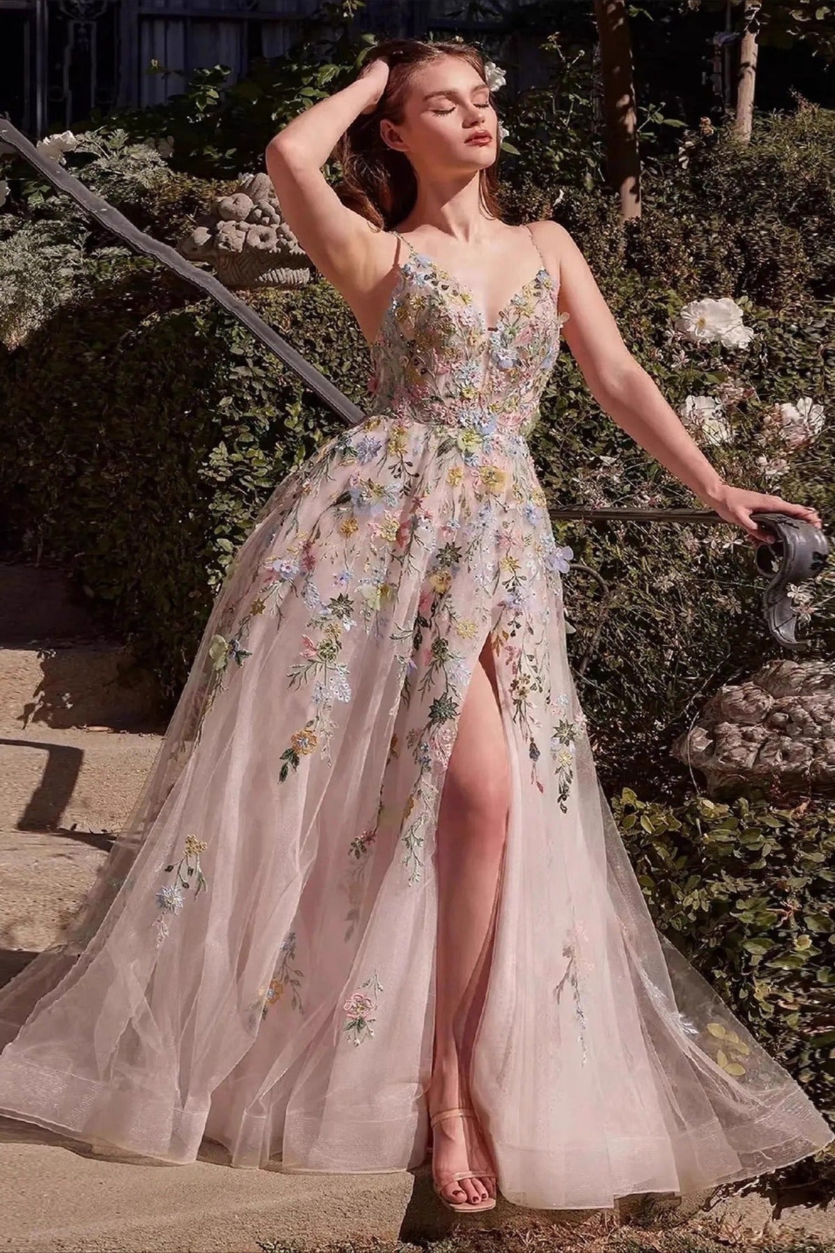 Floral Spaghetti Strap Deep V-Neck High Split A-Line Prom Gown - View 2