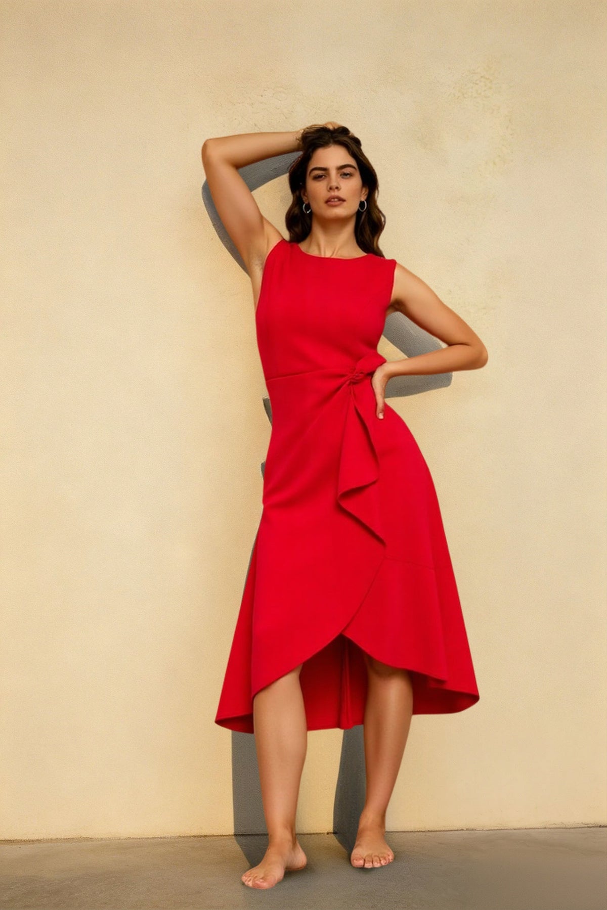 Crew Neck Sleeveless Tie Waist Tulip Wrap Midi Cocktail Dress