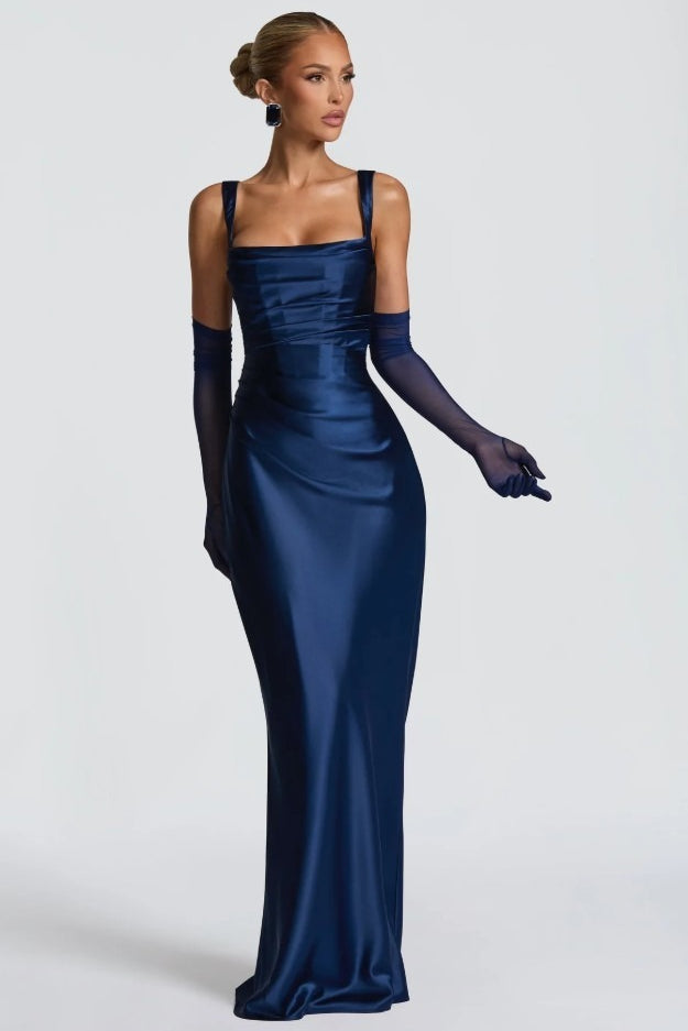 Square Neck Ruched Satin Bodycon Mermaid Dress - View 2