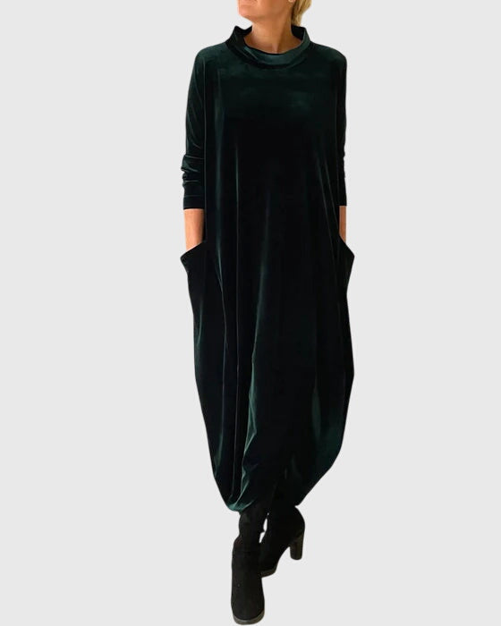 Velvet Mock Neck Long Sleeve Cocoon Midi Dress 3