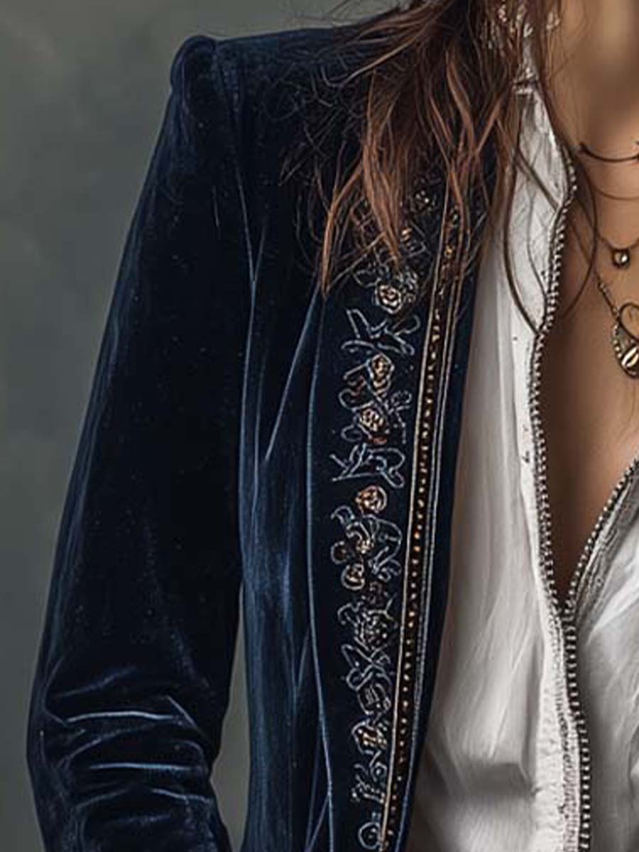 Embroidered Velvet Look Longline Blazer Jacket 6
