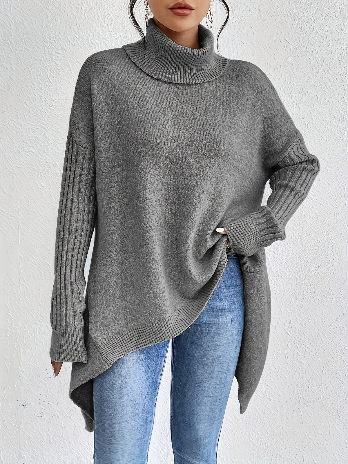 Turtleneck Long Sleeve Oversized High Low Sweater 3
