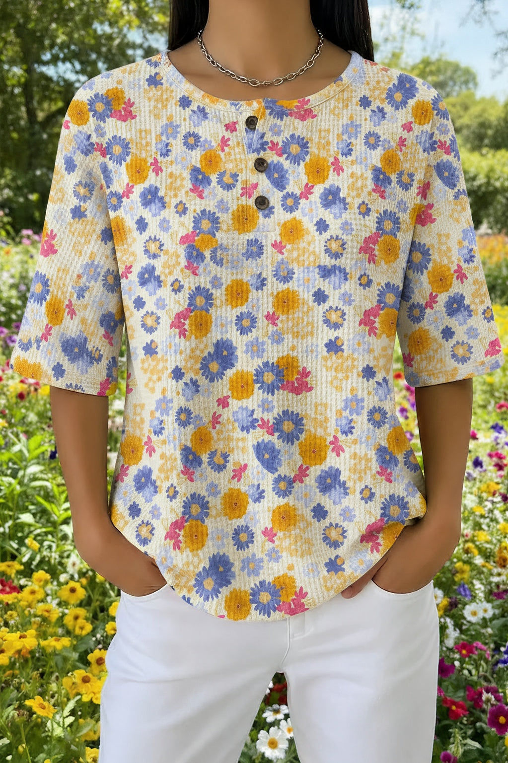 Ditsy Floral Waffle Knit Henley Short Sleeve Top