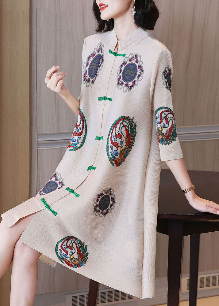 Pleated Mandarin Collar Frog Closure Phoenix A-Line Midi Dress - View 2