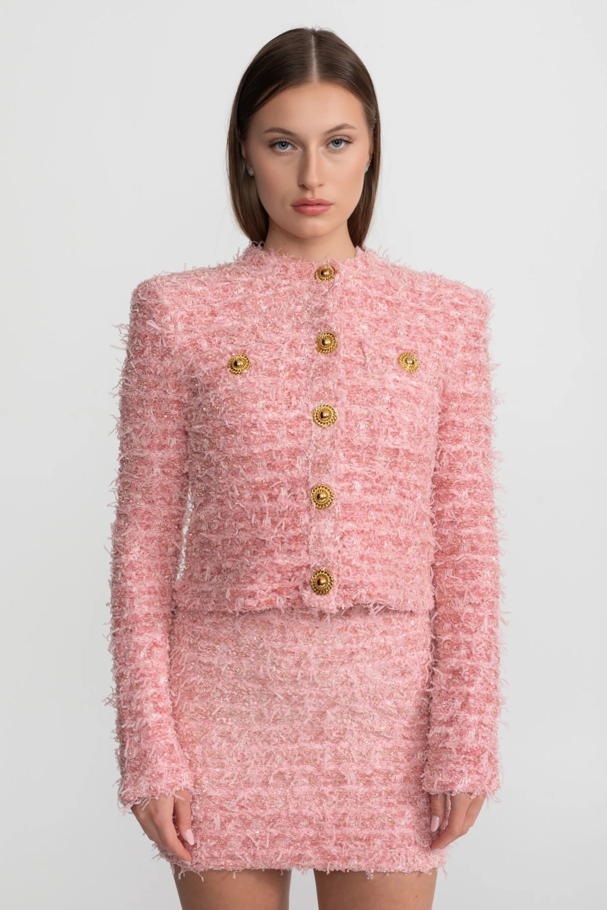 Tweed Crew Neck Cap Sleeve Metallic Button Bodycon Mini Dress - View 2
