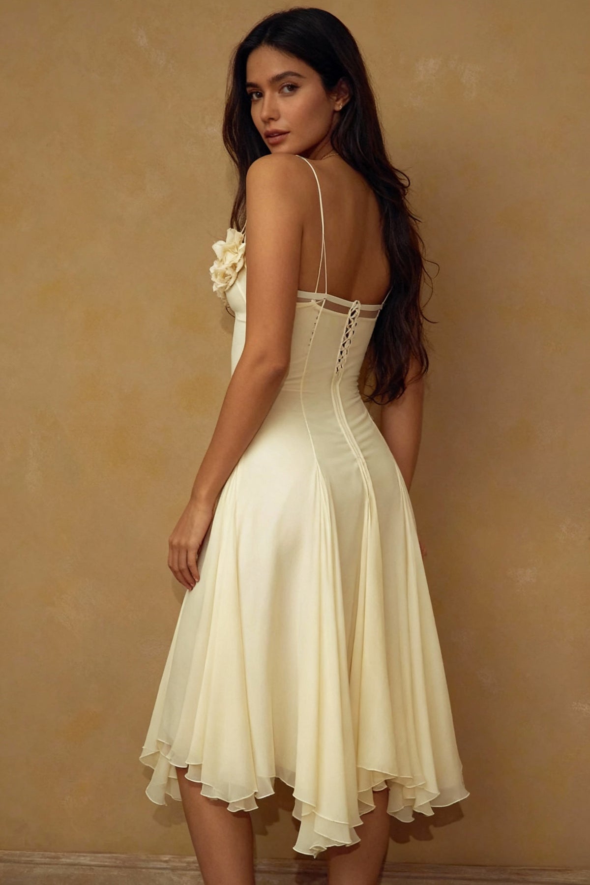 Chiffon Spaghetti Strap Deep V-Neck Rosette Fit and Flare Midi Dress - View 4