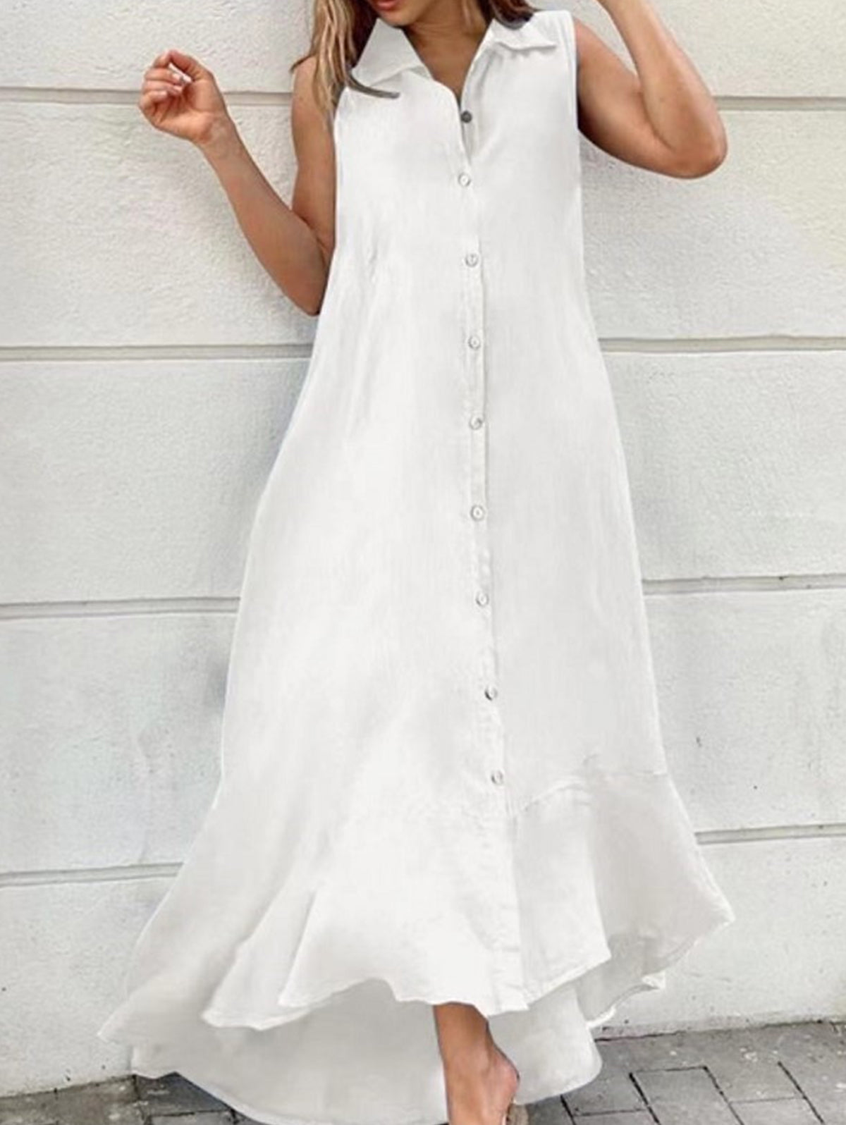 Sleeveless Collar Button Front Ruffle High Low Hem Maxi Dress - View 3