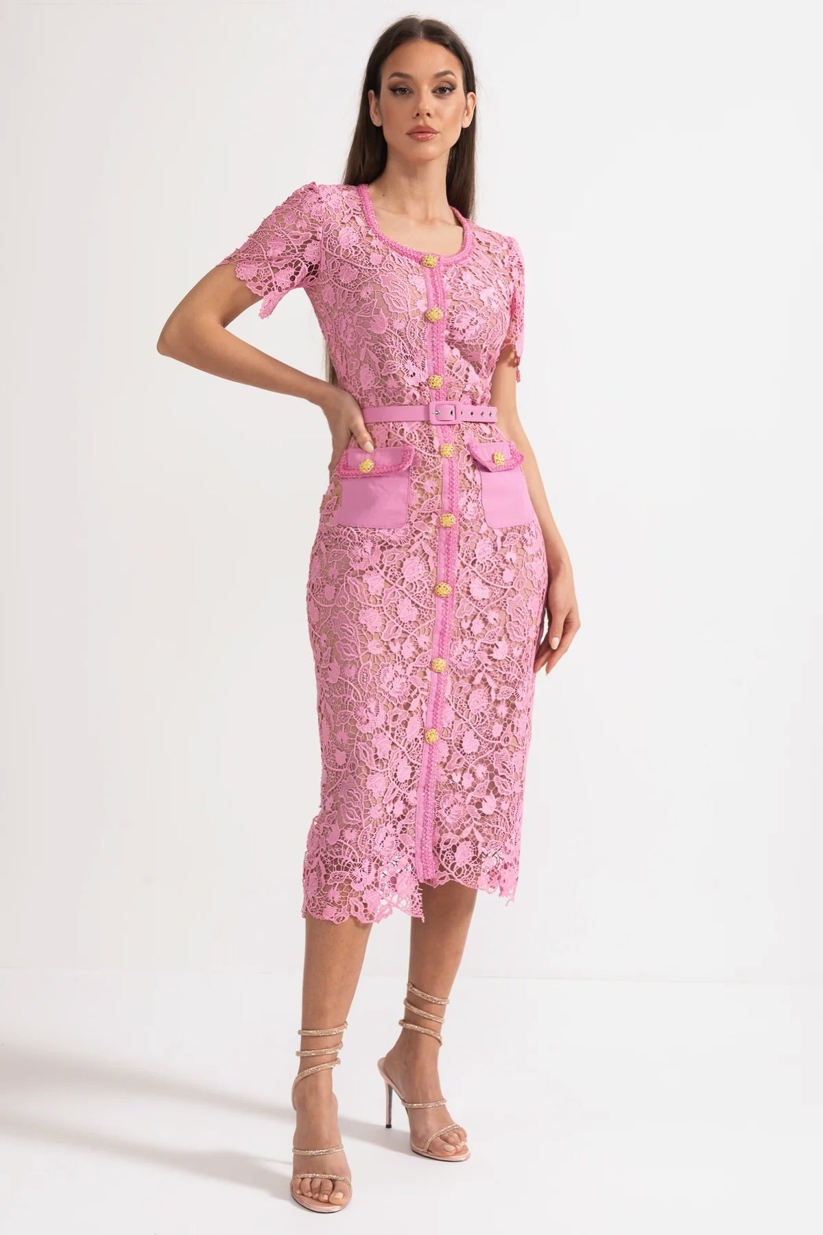 Exquisite Short Sleeve Lace Midi Dress - Rose - View 5