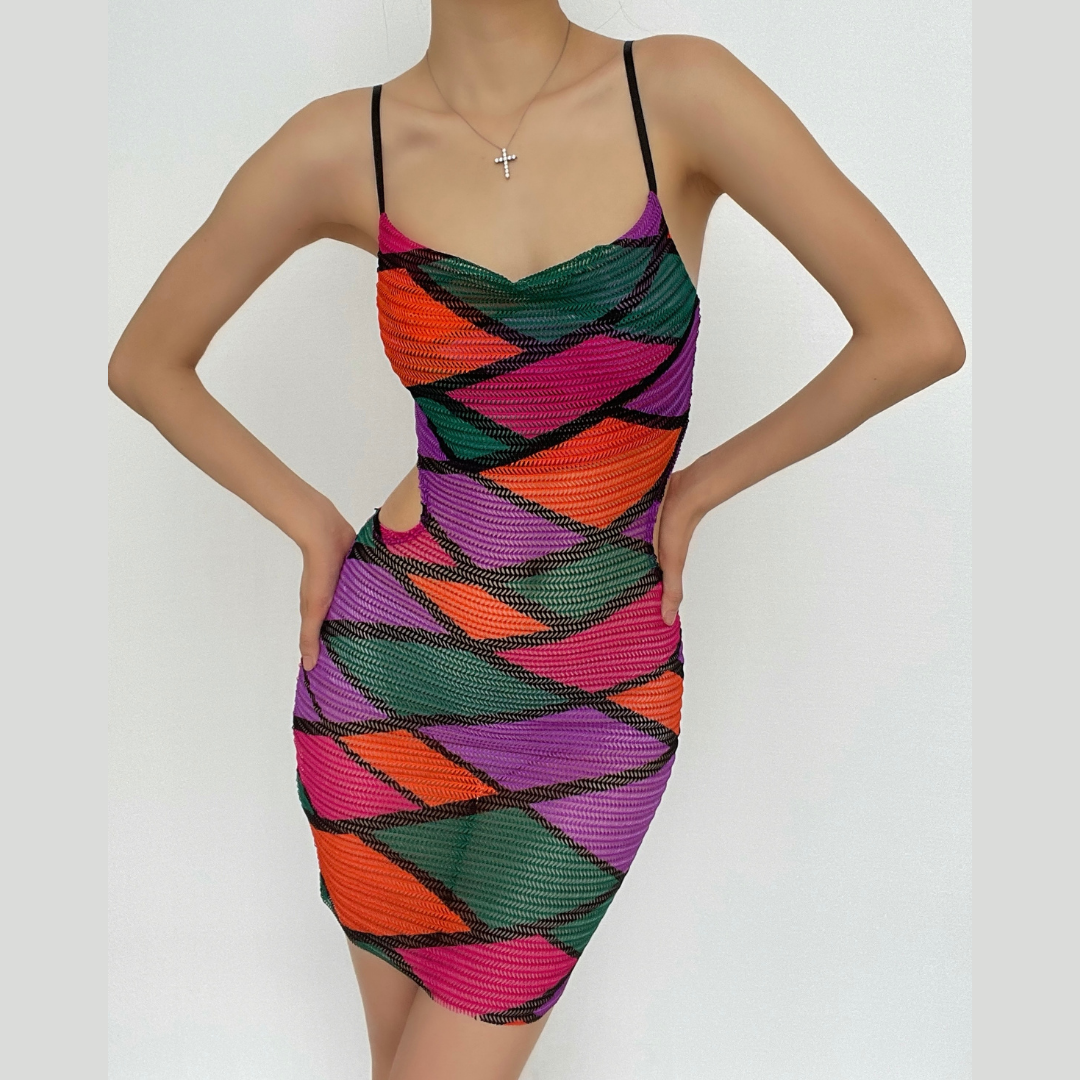 Crochet Mesh Geometric Waist Cut Out Bodycon Mini Dress - View 2