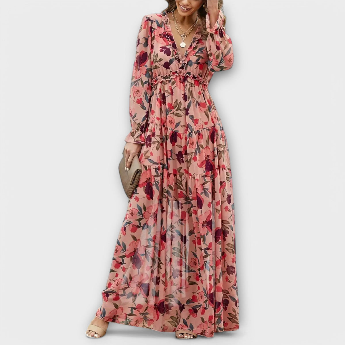 Floral V-Neck Long Sleeve Tiered Maxi Dress