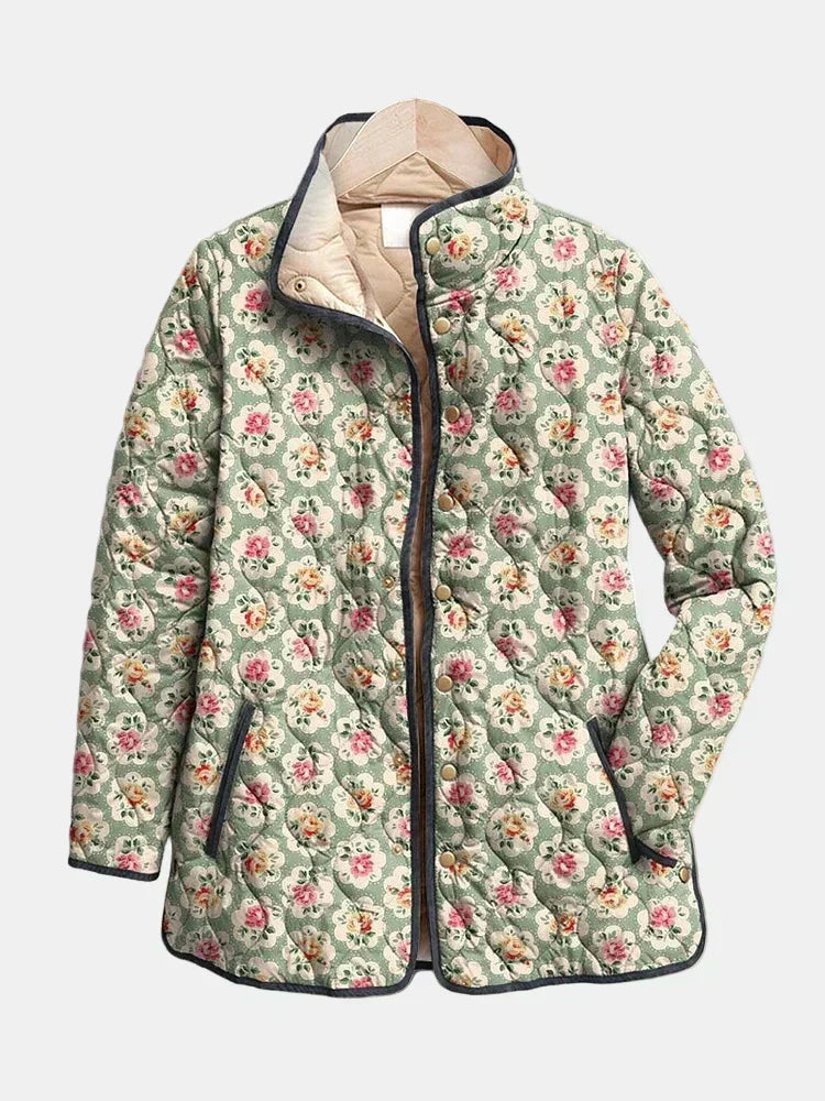 Floral Print Quilted Stand Collar Open Front Jacket 2