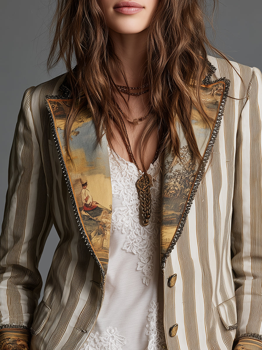 Striped Tapestry Print Lapel Single Button Blazer 4