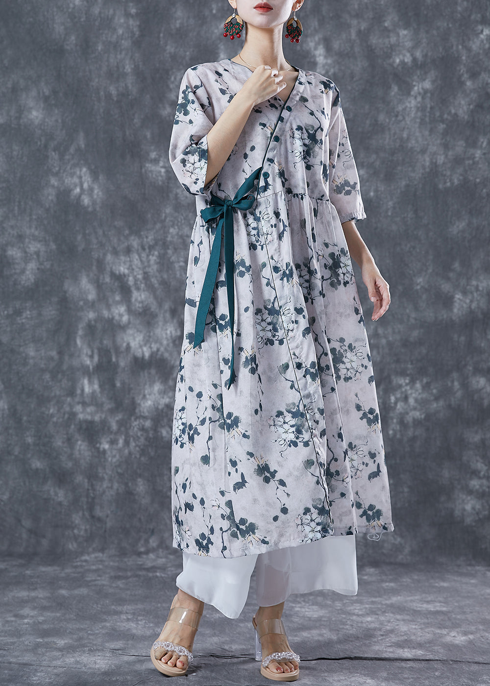 Floral Print V-Neck Wrap Side Tie Three Quarter Sleeve Midi Dress - View 2
