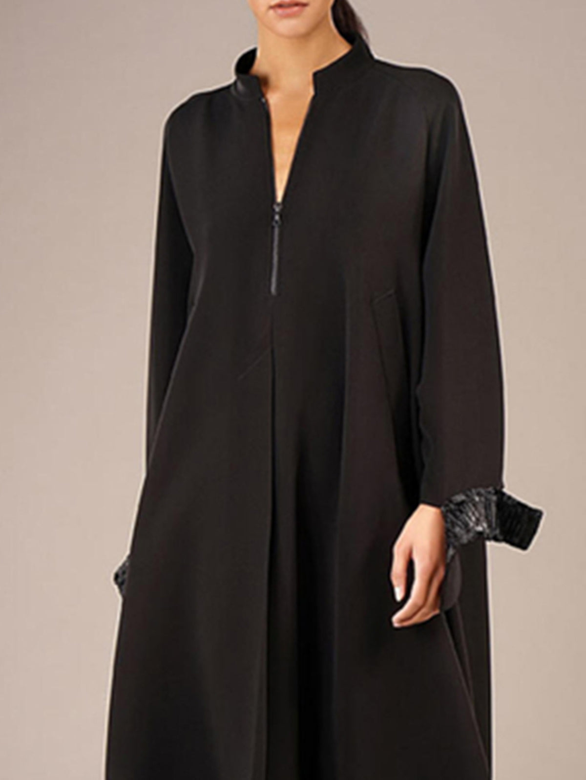 Zip Front Mock Neck Long Sleeve Contrast Cuff Midi Dress - View 3