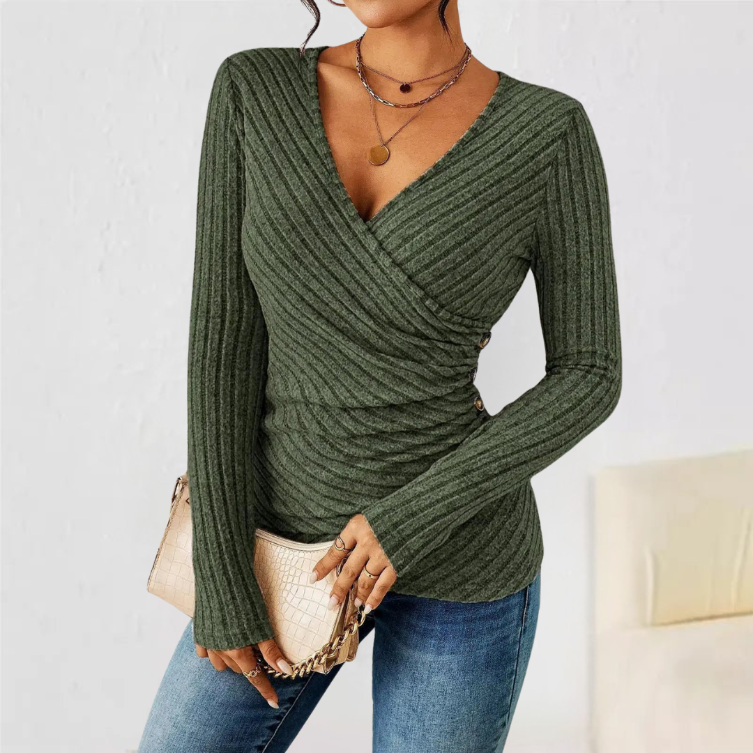 Ribbed Knit Wrap V-Neck Long Sleeve Ruched Top 3