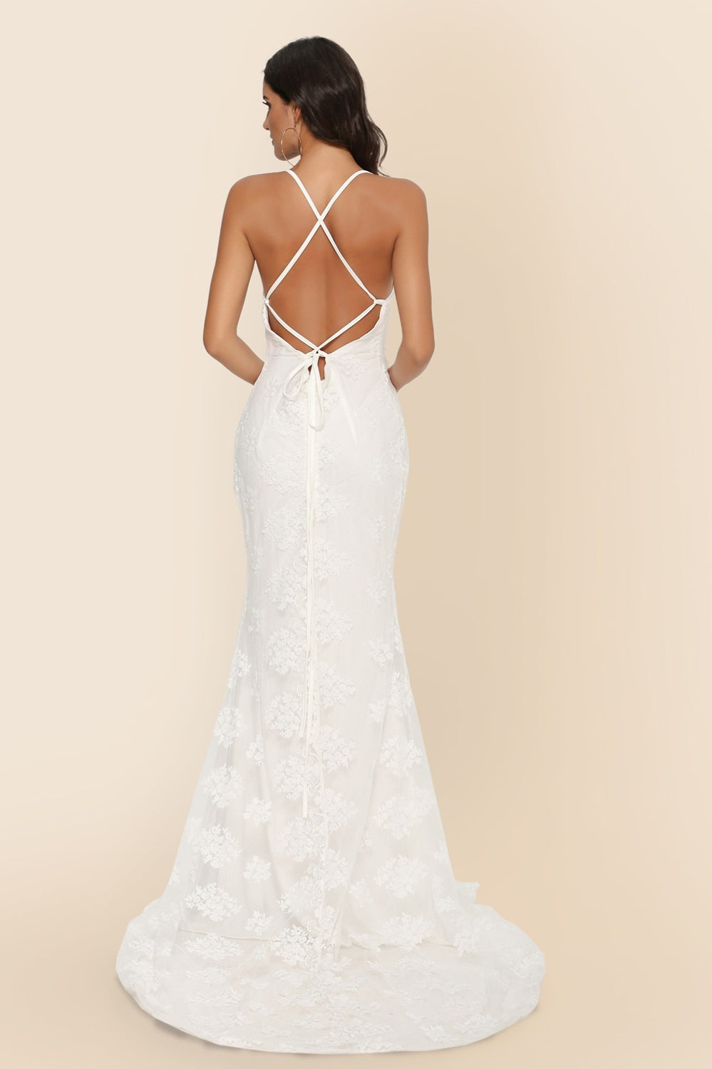 Lace V-Neck Spaghetti Strap Backless Mermaid Gown - View 4