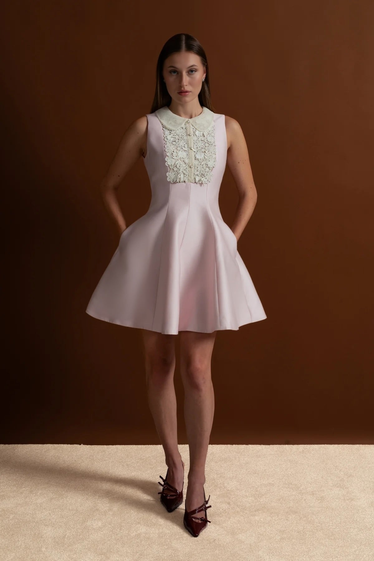 A-Line Mini Dress with Lace Bib – Blush Pink - View 2