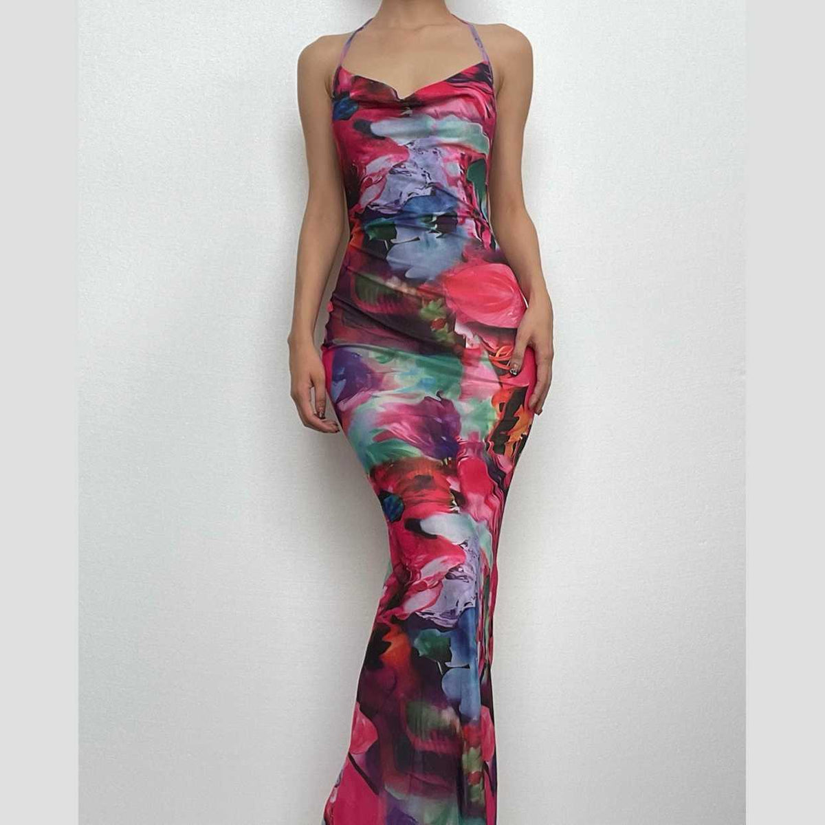 Ruched halter sheer mesh see through backless maxi dress