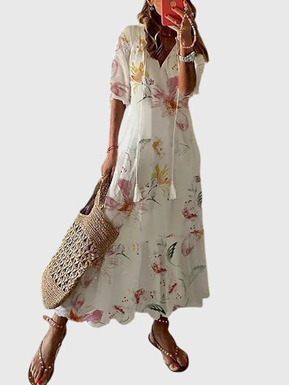 Ikat Print Tassel Tie V-Neck Tiered Boho Maxi Dress 8