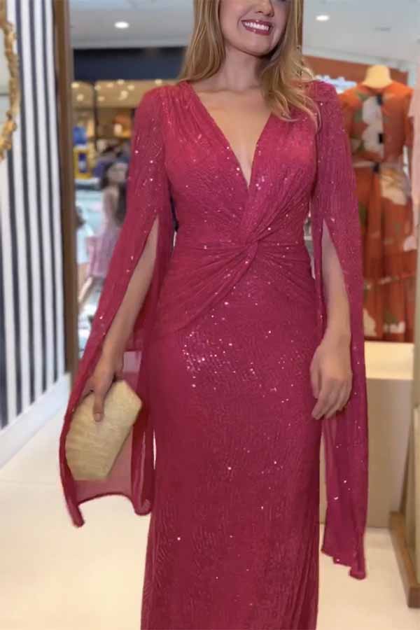 Sequin Deep V-Neck Cape Sleeve Twist Waist Maxi Dress - View 8