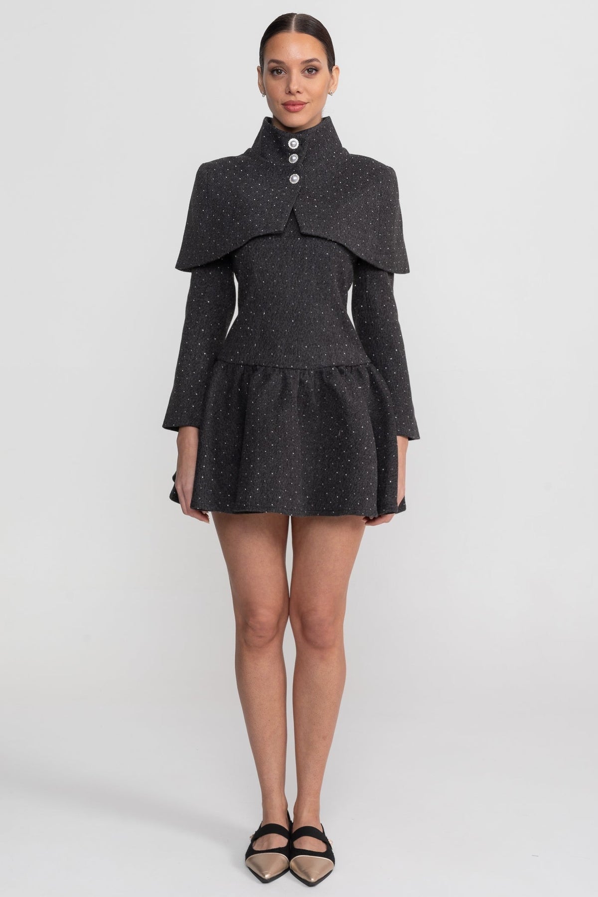 Long Sleeve Mini Dress With Detachable Cape Overlay - Charcoal - View 3