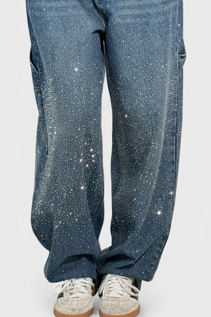 Rhinestone Embellished Wide Leg Cargo Jeans 4