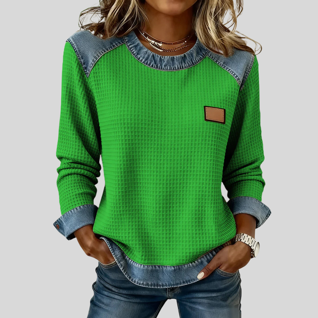 Denim Contrast Patchwork Crew Neck Waffle Knit Sweatshirt 4
