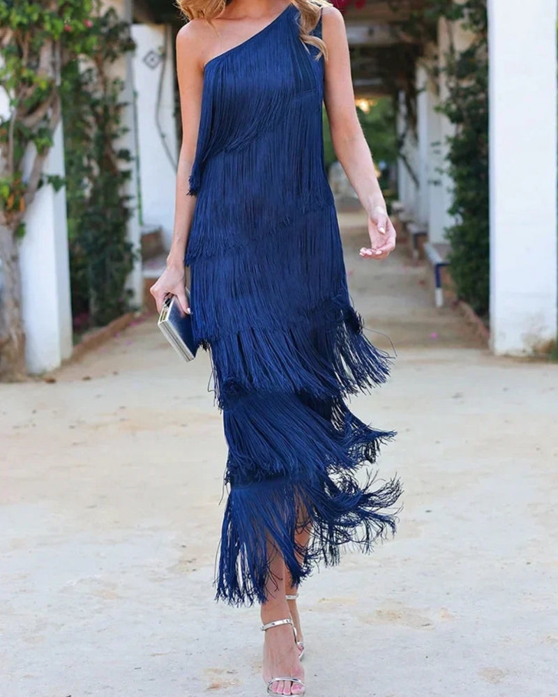 One Shoulder Tiered Fringe Maxi Dress 2