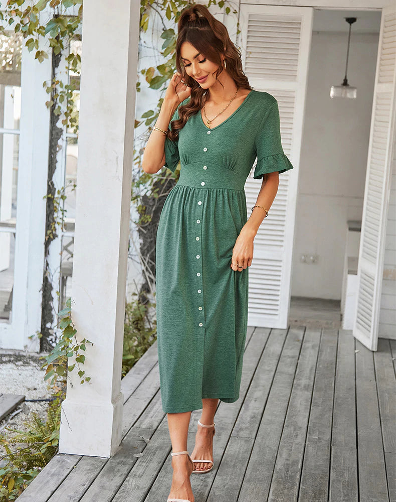 V-Neck Ruffle Sleeve Button Front A-Line Midi Dress 7