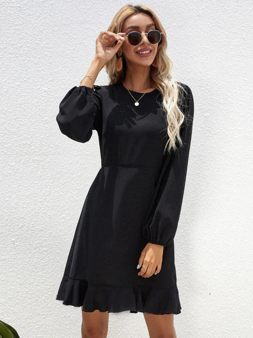 Round Neck Long Sleeve Ruffle Hem A-Line Mini Dress 2