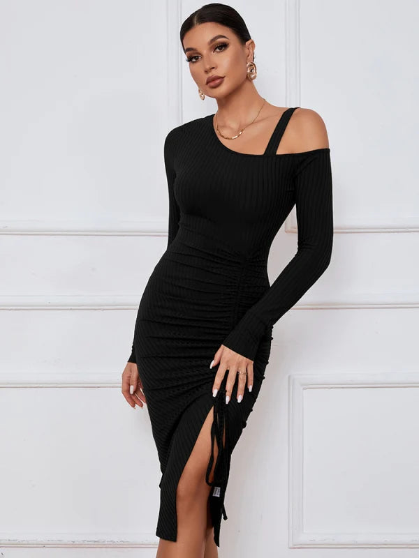 Cold Shoulder Long Sleeve Ruched High Split Ribbed Midi Dress 7