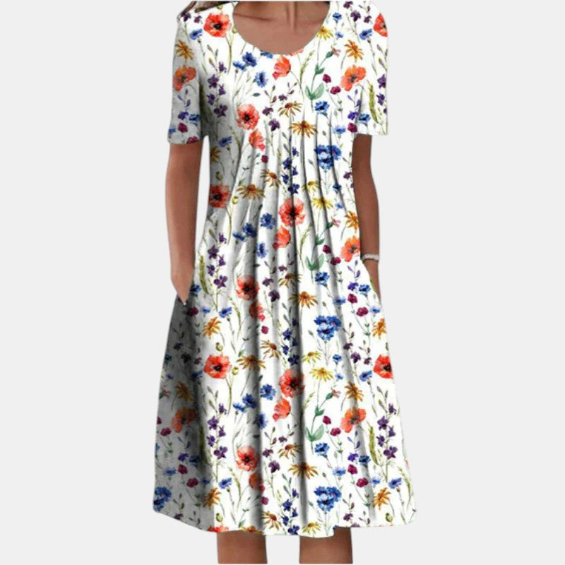 Floral Print Round Neck Short Sleeve Pocket Midi Dress