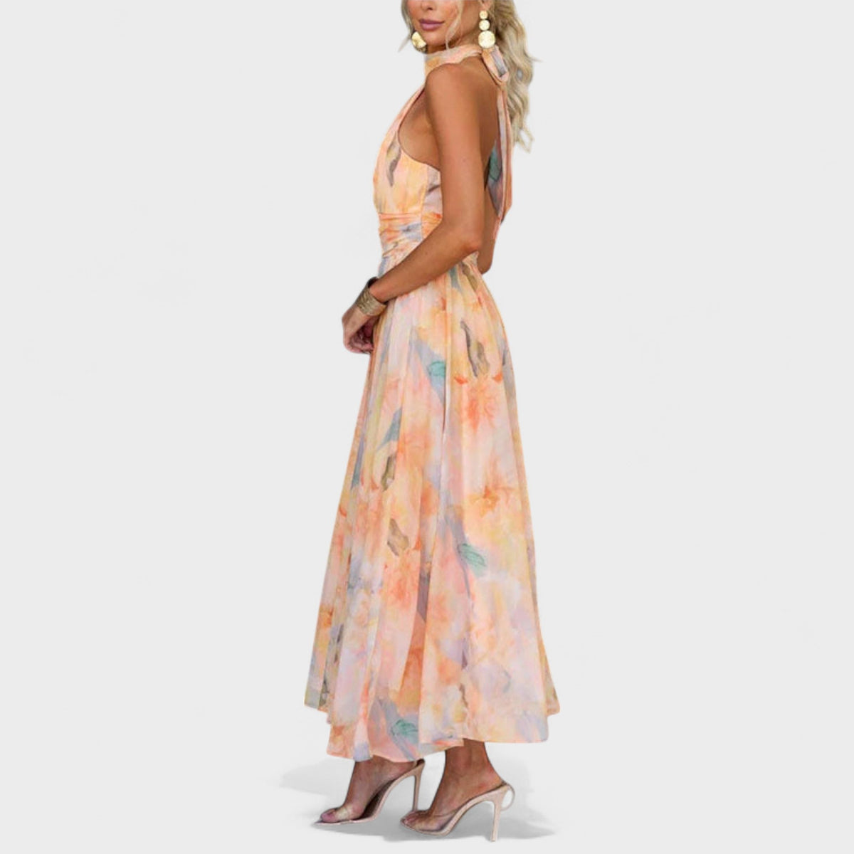 Abstract Print Halter Neck Cross Waist Maxi Dress 4