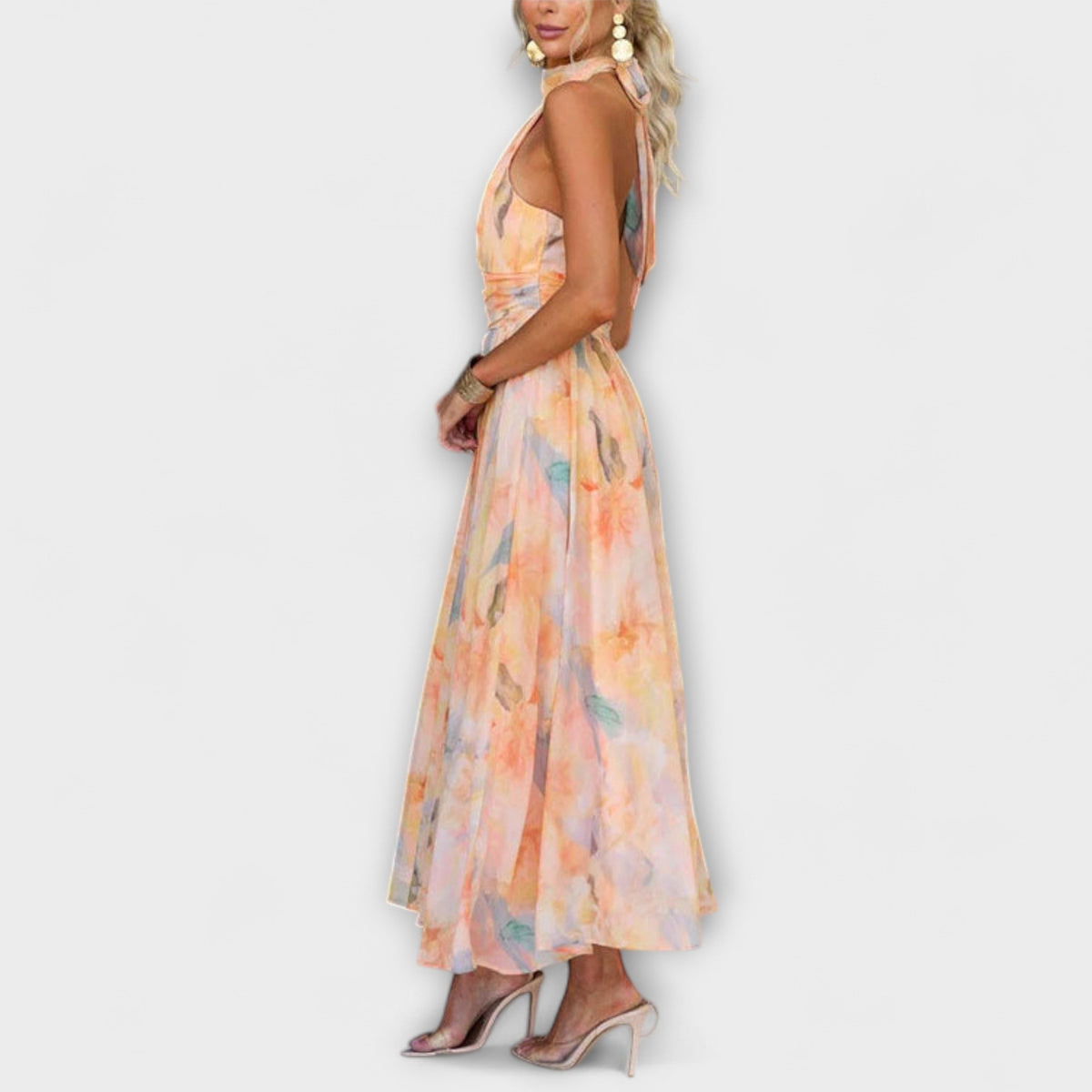 Halter Neck Watercolor Print Open Back Maxi Dress 4