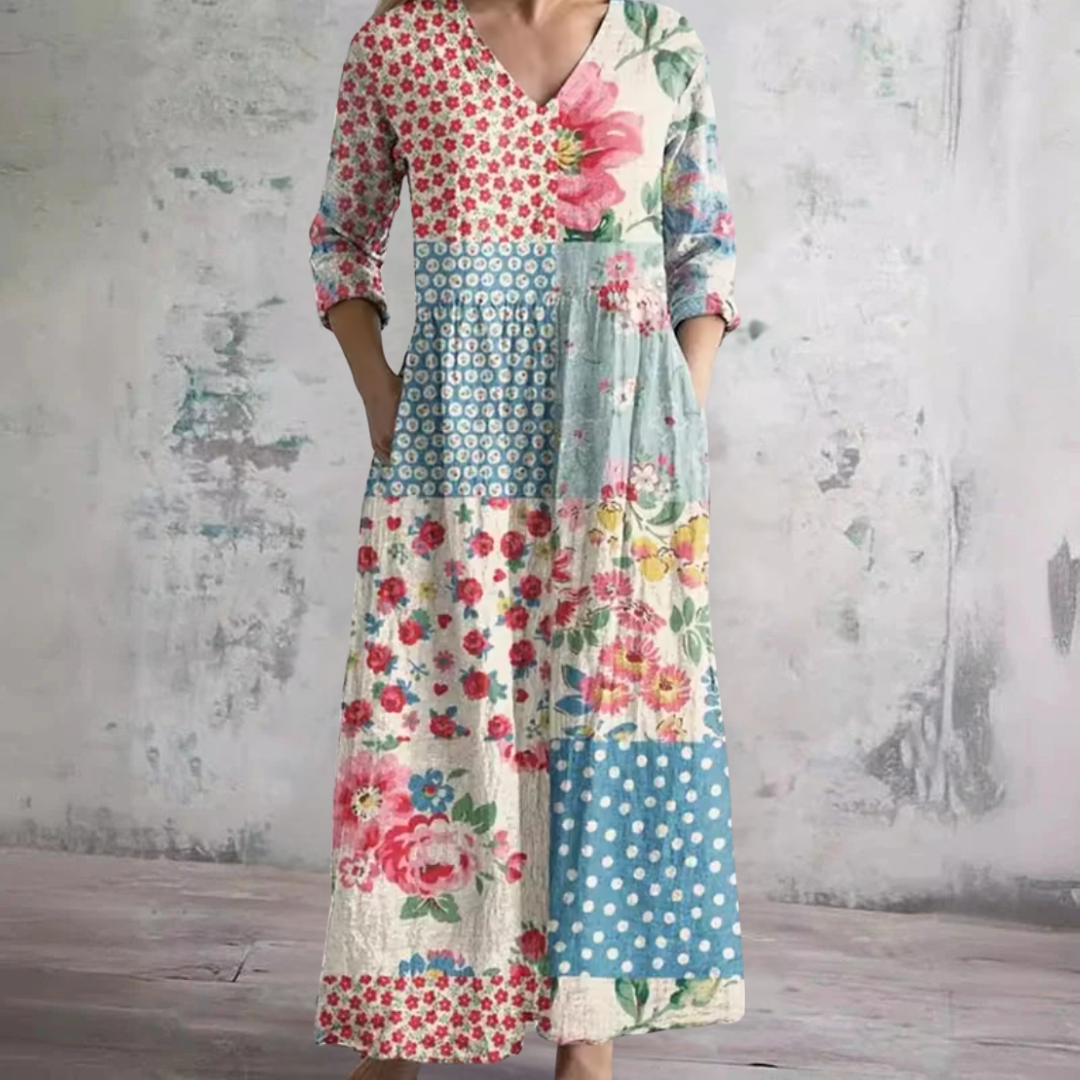 Patchwork Floral V-Neck Long Sleeve Tiered Maxi Dress