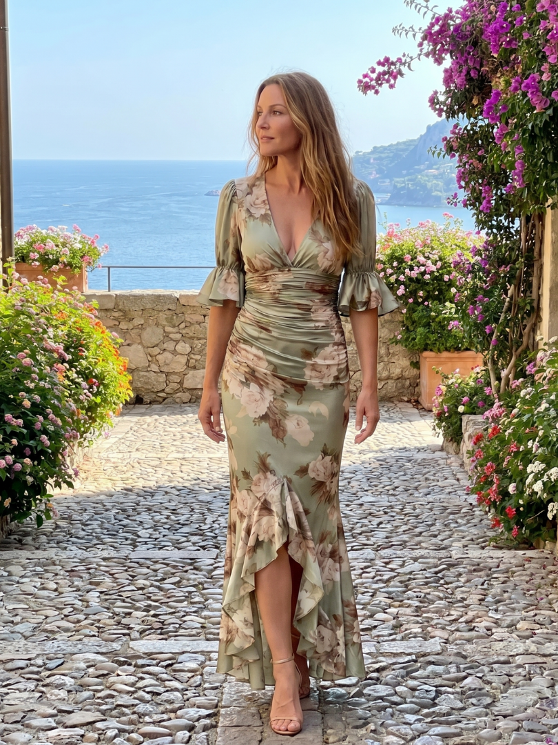 Floral V-Neck Ruffle Sleeve Ruched High Low Maxi Dress 5