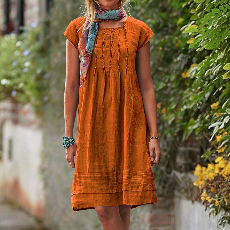 Short Sleeve Pintuck Gathered Front Tiered Band Hem Knee Dress - View 6