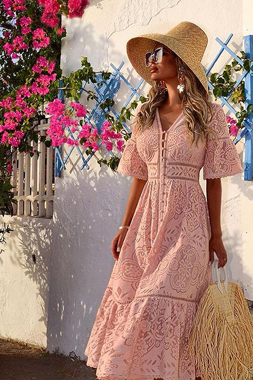 Crochet Lace V-Neck Short Sleeve Button Front Maxi Dress