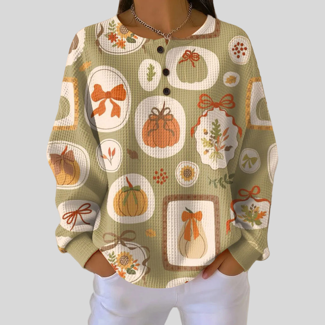 Pumpkin and Bow Print Waffle Knit Henley Sweatshirt