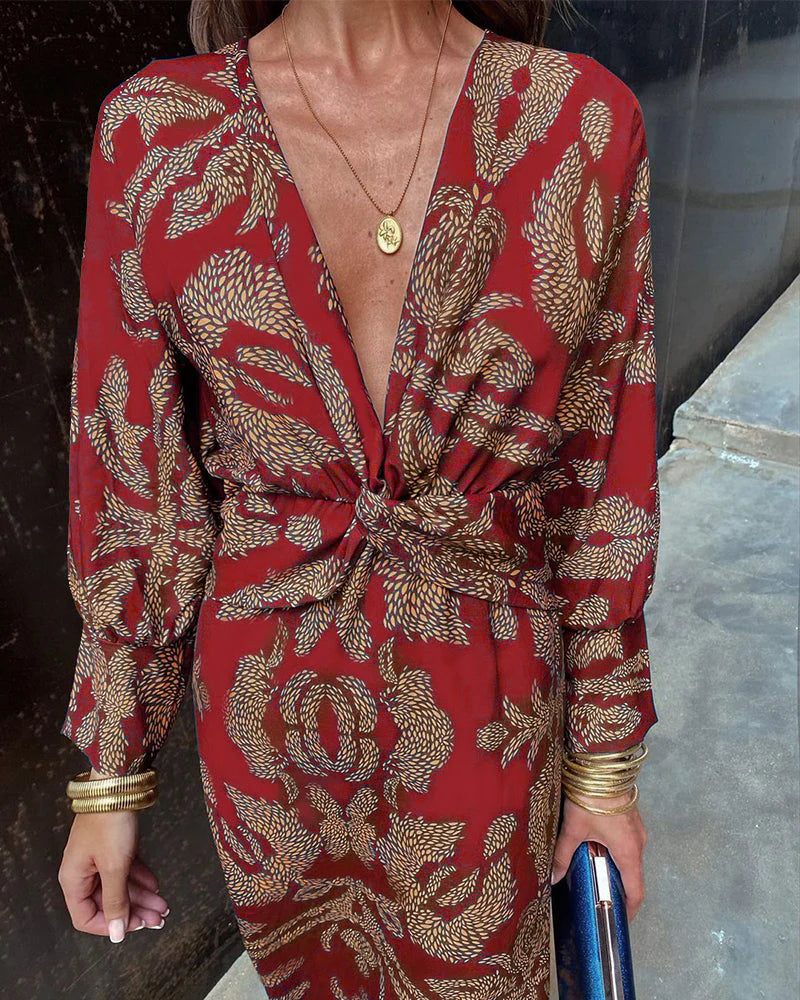 Floral Print Deep V-Neck Long Sleeve Twist Front Wrap Midi Dress - View 5