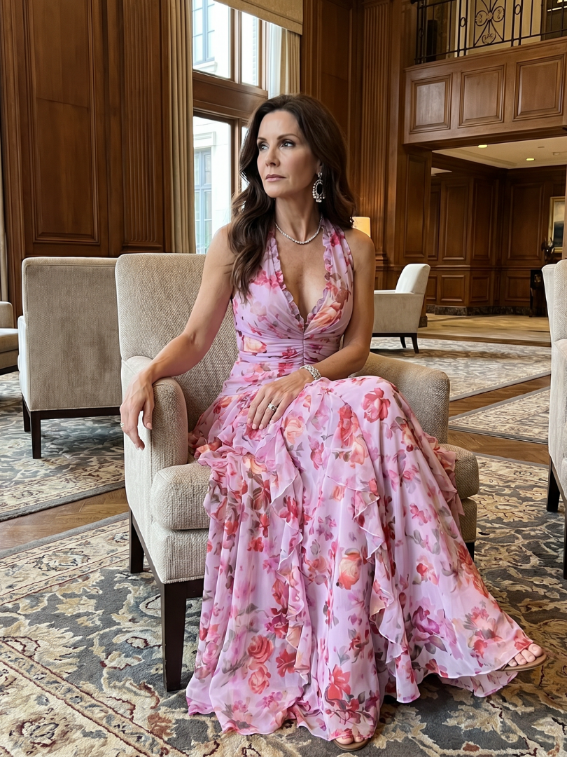 Halter Neck Deep V-Neck Ruffle Floral Maxi Dress 5