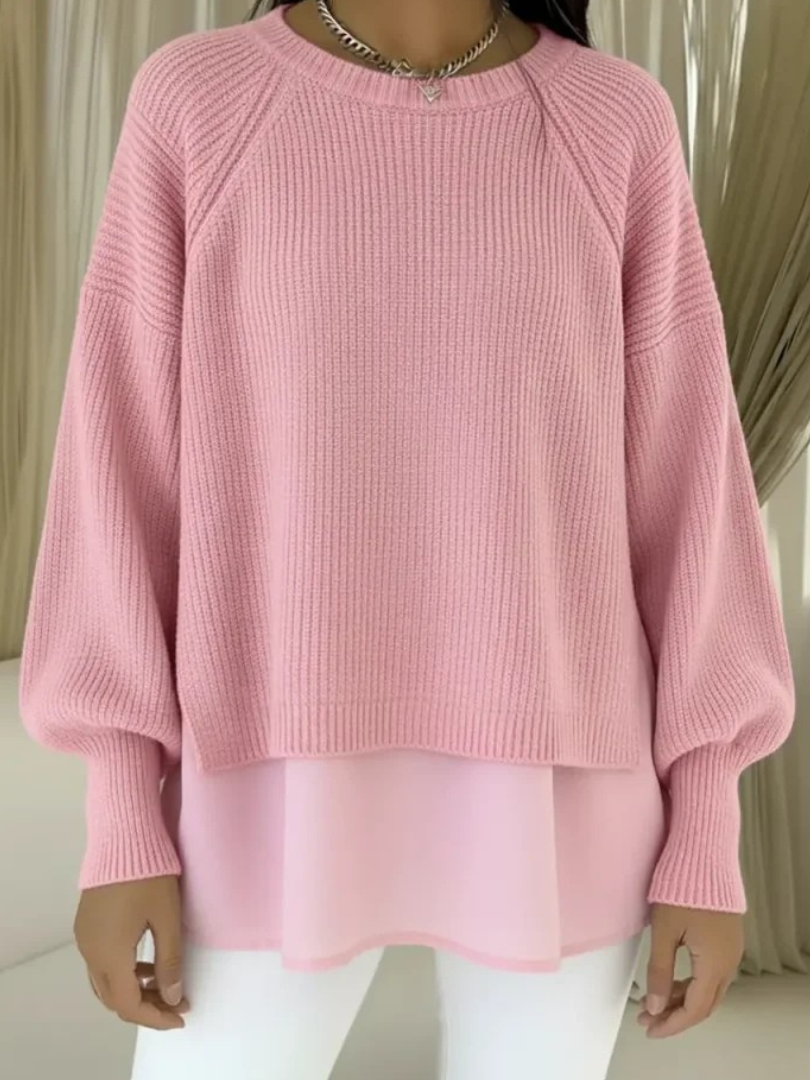 Crew Neck Layered Chiffon Hem Ribbed Knit Sweater 4