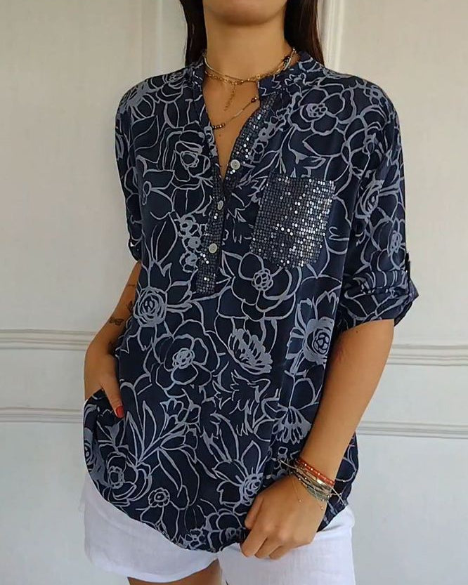 Floral Print Sequin Pocket Half Sleeve Blouse 2