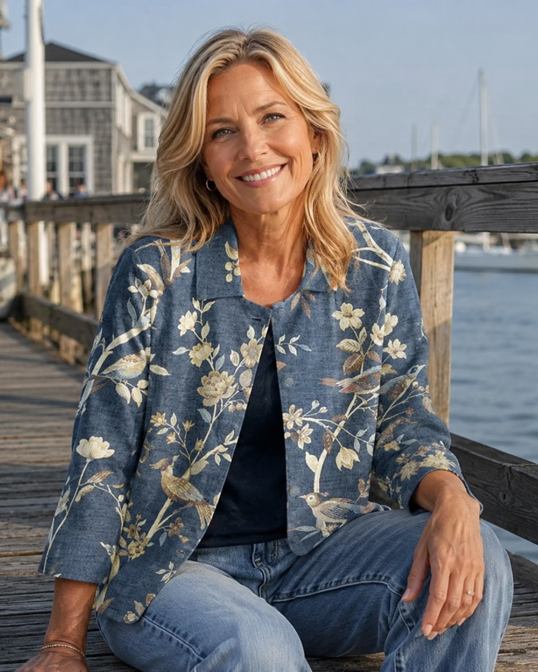 Floral Bird Print Open Front Jacket