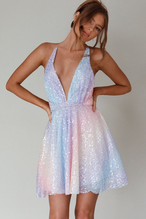 Sequin Deep V-Neck Backless A-Line Mini Dress